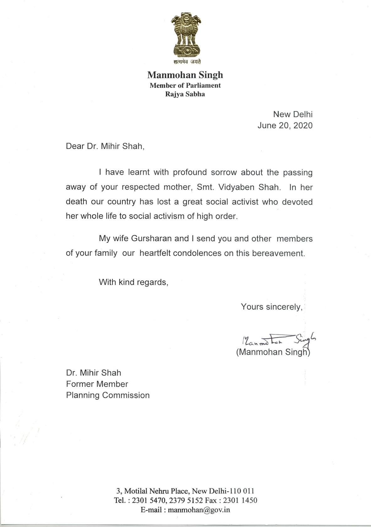 Letter of Dr Manmohan Singh